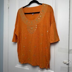 J Jill Love Linen Top Womens Large Orange Embroidered Sequin Scoop Neck